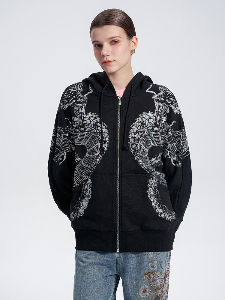 TCH Unisex Rhinestone Dragon Graphic Fleece Hoodie