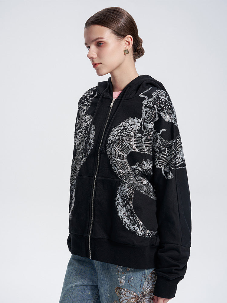 TCH Unisex Rhinestone Dragon Graphic Fleece Hoodie