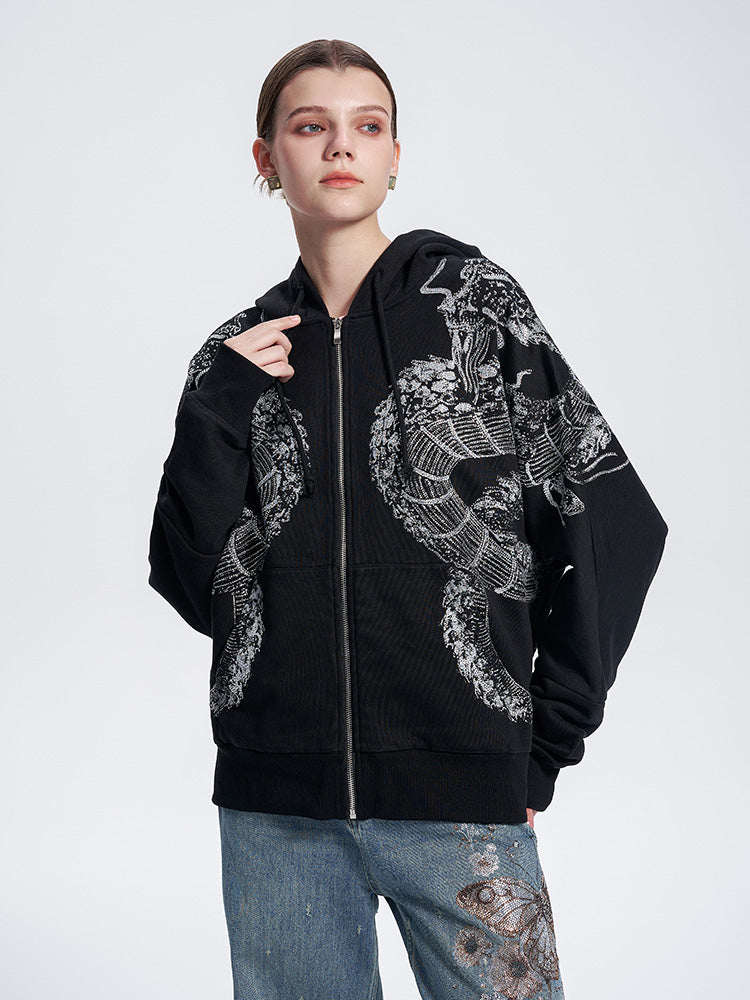TCH Unisex Rhinestone Dragon Graphic Fleece Hoodie