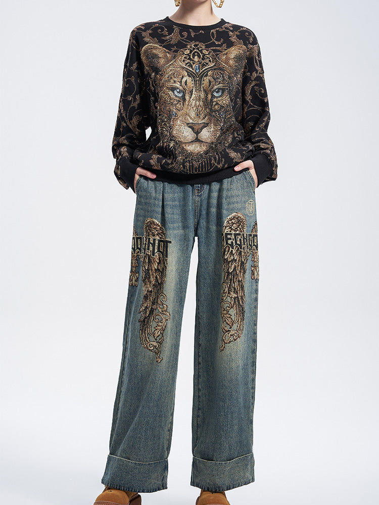 TCH Presale Wings Graphic Rhinestone Wide Leg Jeans