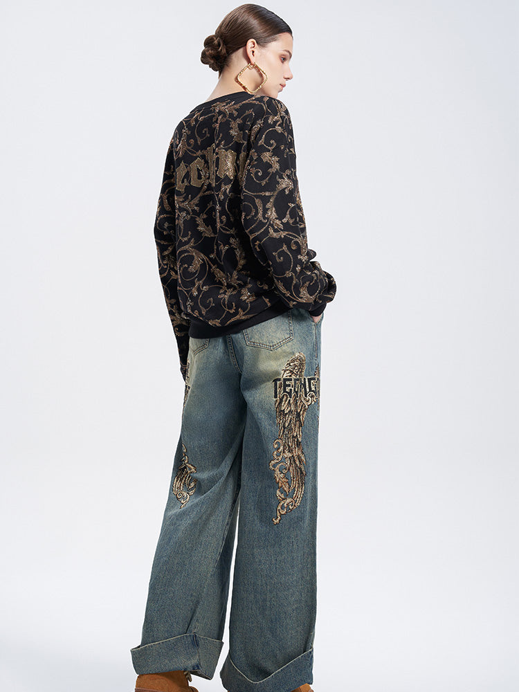 TCH Presale Wings Graphic Rhinestone Wide Leg Jeans