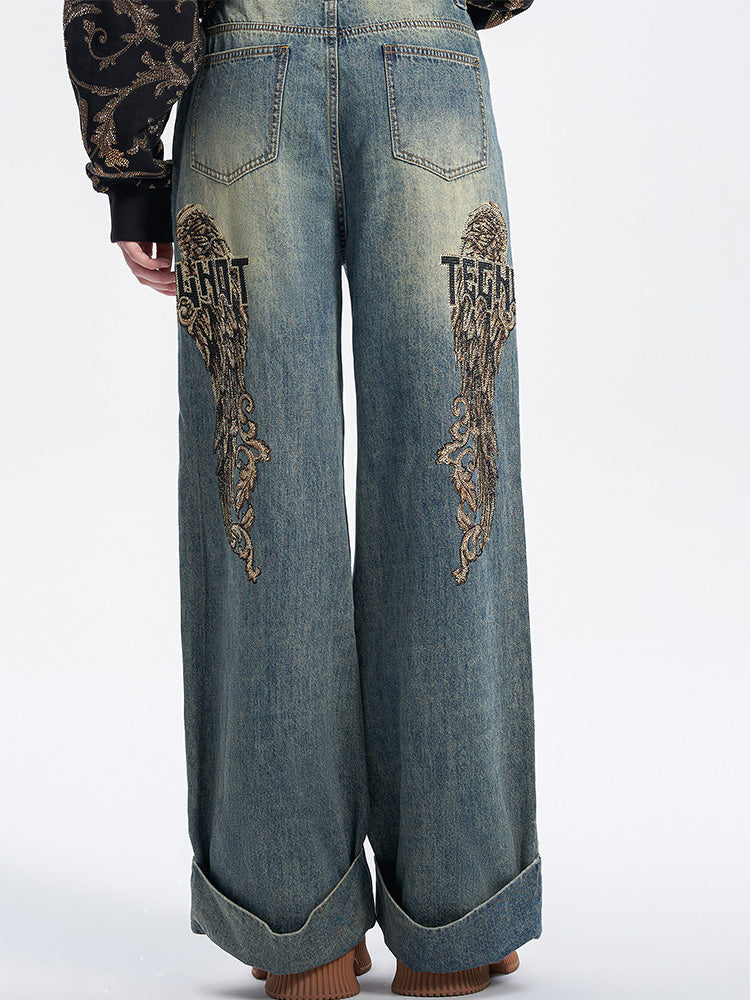 TCH Presale Wings Graphic Rhinestone Wide Leg Jeans