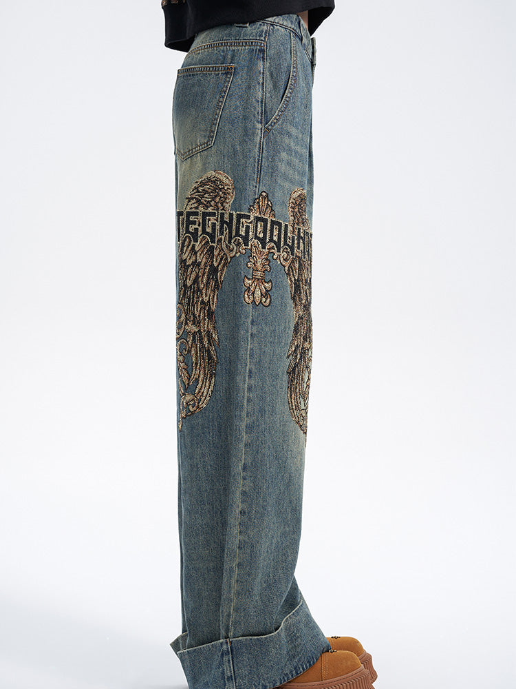 TCH Presale Wings Graphic Rhinestone Wide Leg Jeans