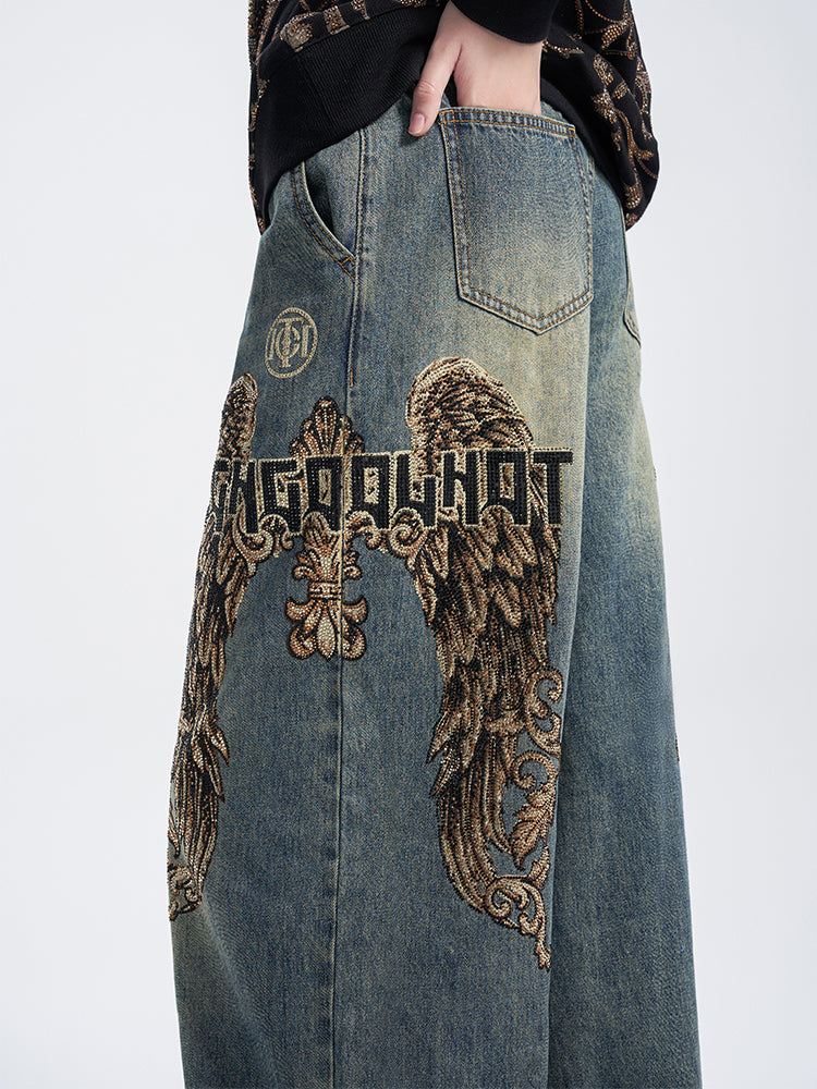 TCH Presale Wings Graphic Rhinestone Wide Leg Jeans