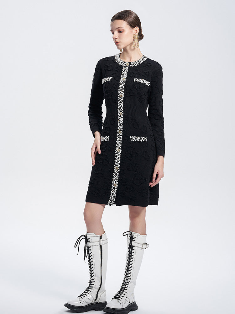 TCH Black Pearl Trim Knit Tweed Sheath Dress