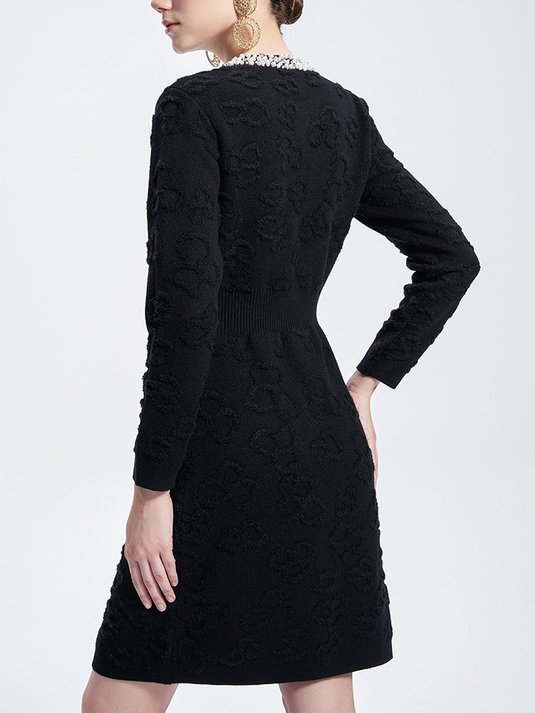 TCH Black Pearl Trim Knit Tweed Sheath Dress