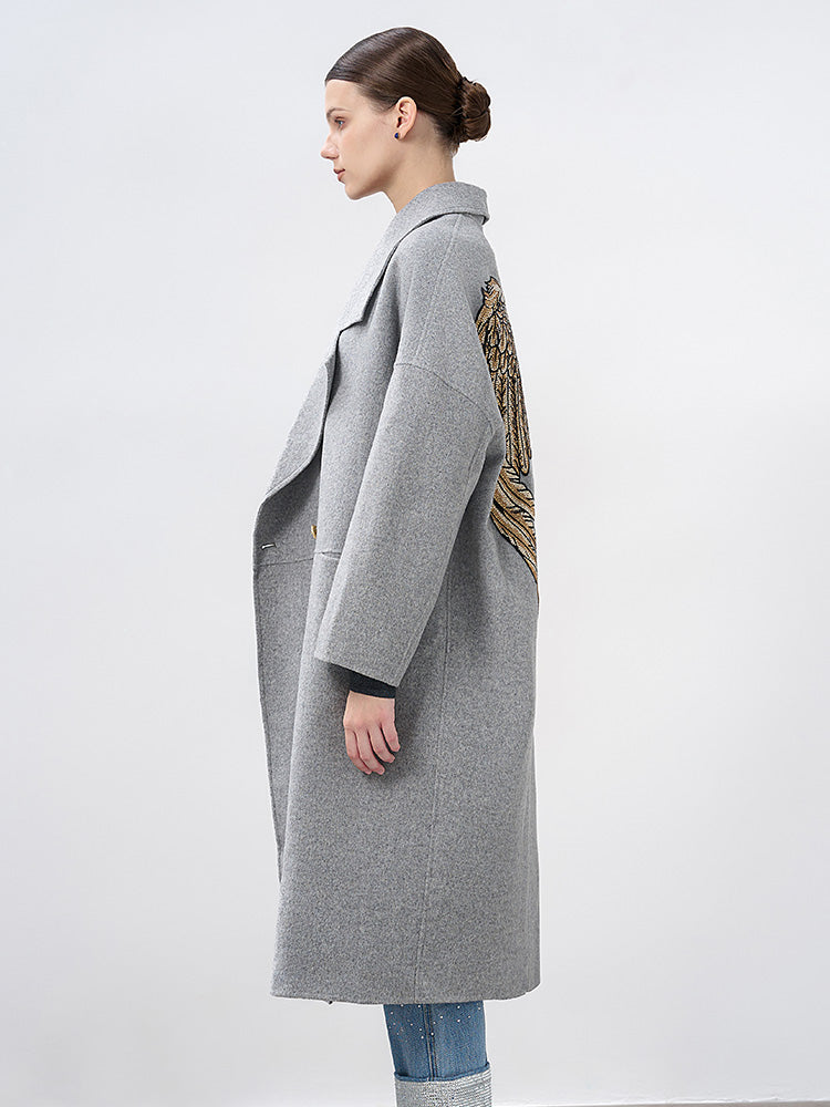 TCH Wings Rhinestone Wool Trench Coat with Gray