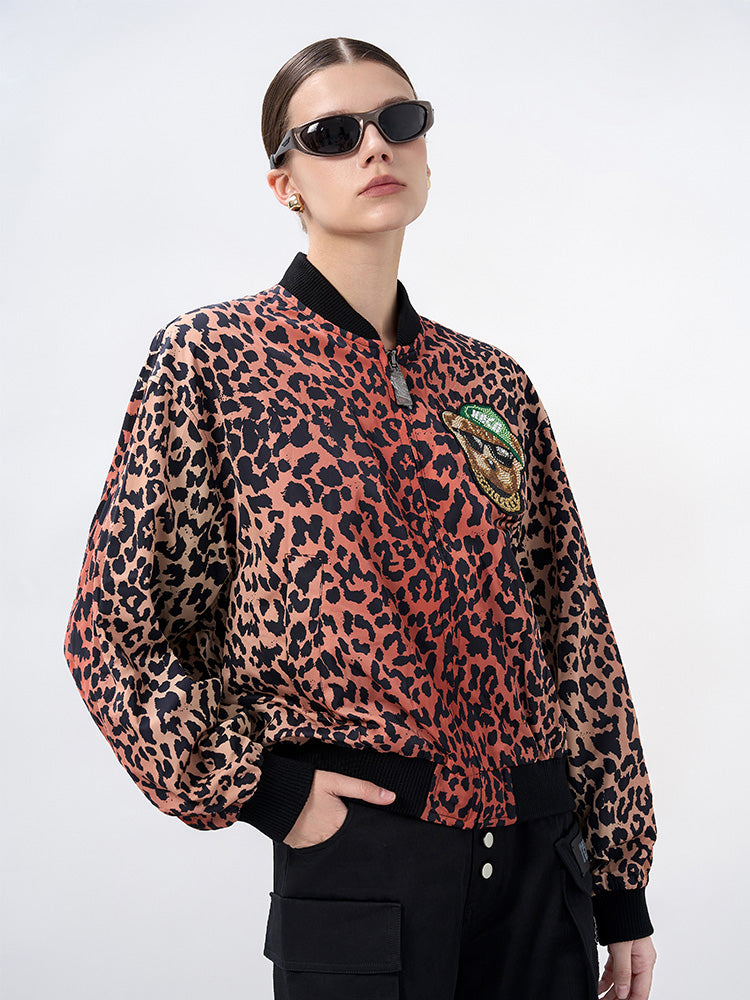 TCH Rhinestone Leopard Graphic Bomber Jacket