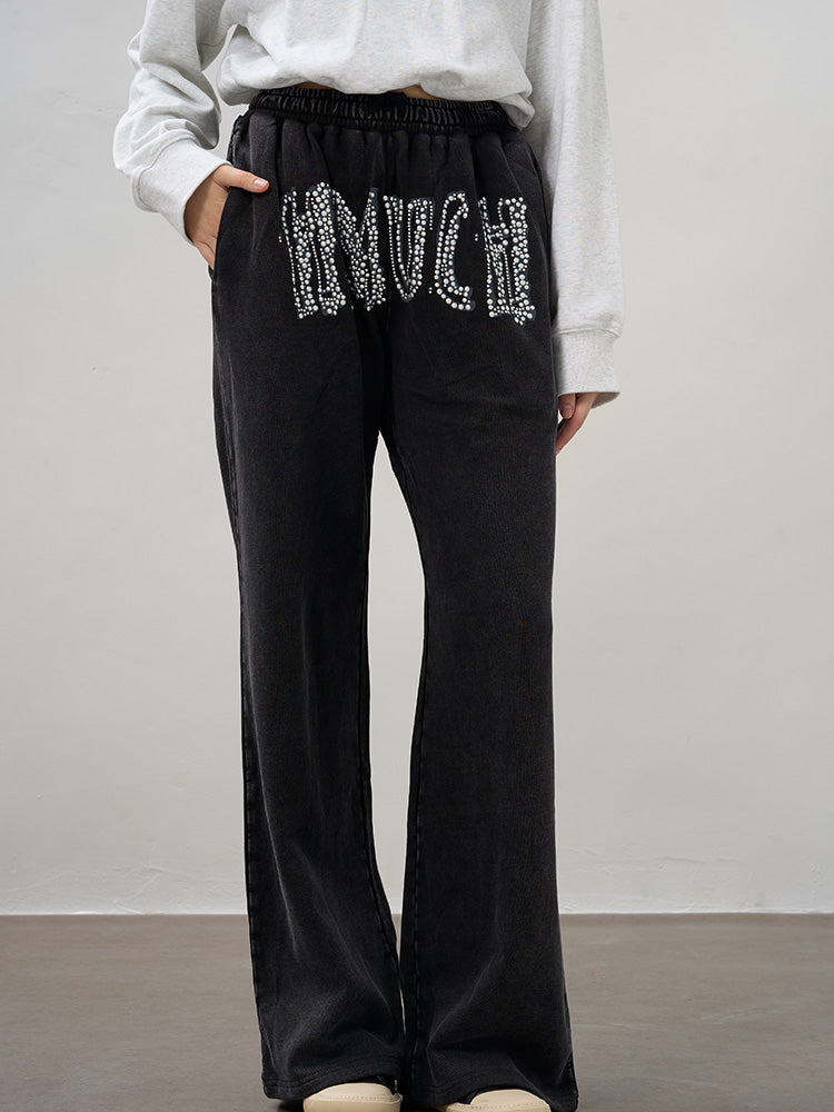 TCH Letter Print Rhinestone Distressed Wide Leg Pants