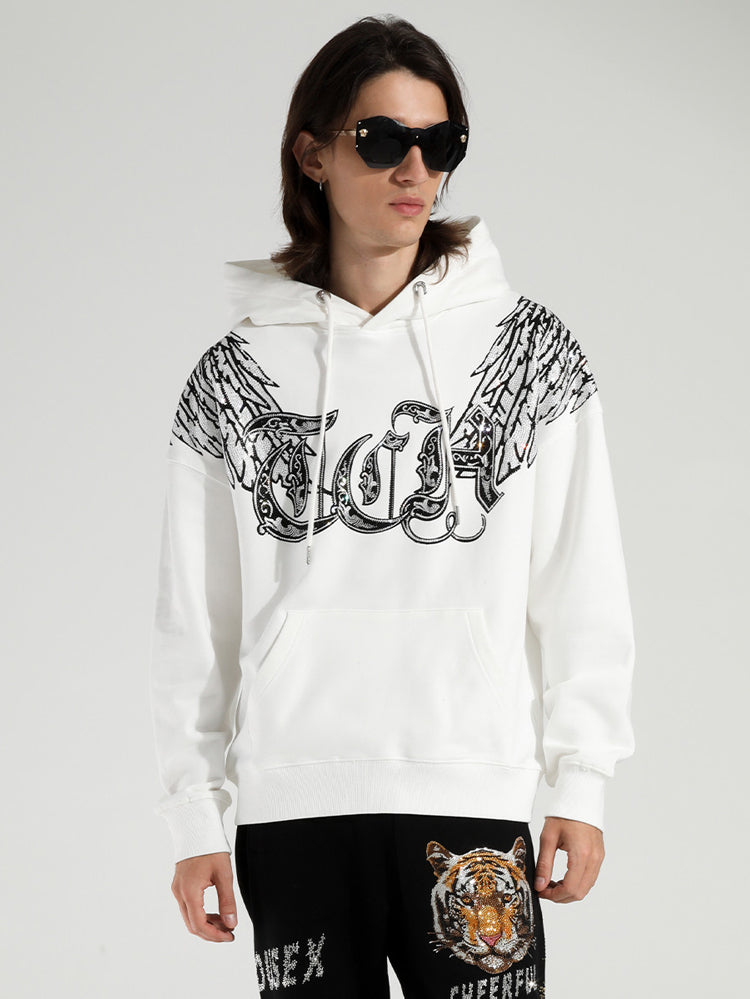 TCH Unisex White Hoodie with Rhinestone Wings Design