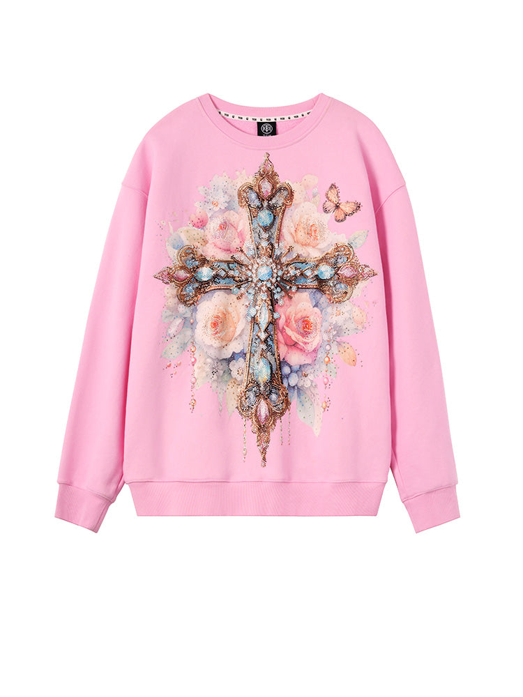 TCH Cross Graphic Rhinestone Wings Sweatshirt