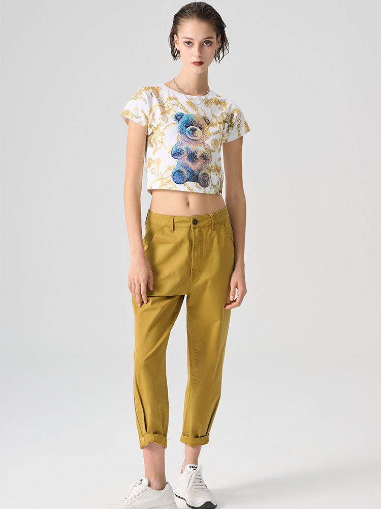 TCH Teddy Bear Rhinestones Print Tee Crop Top Baroque