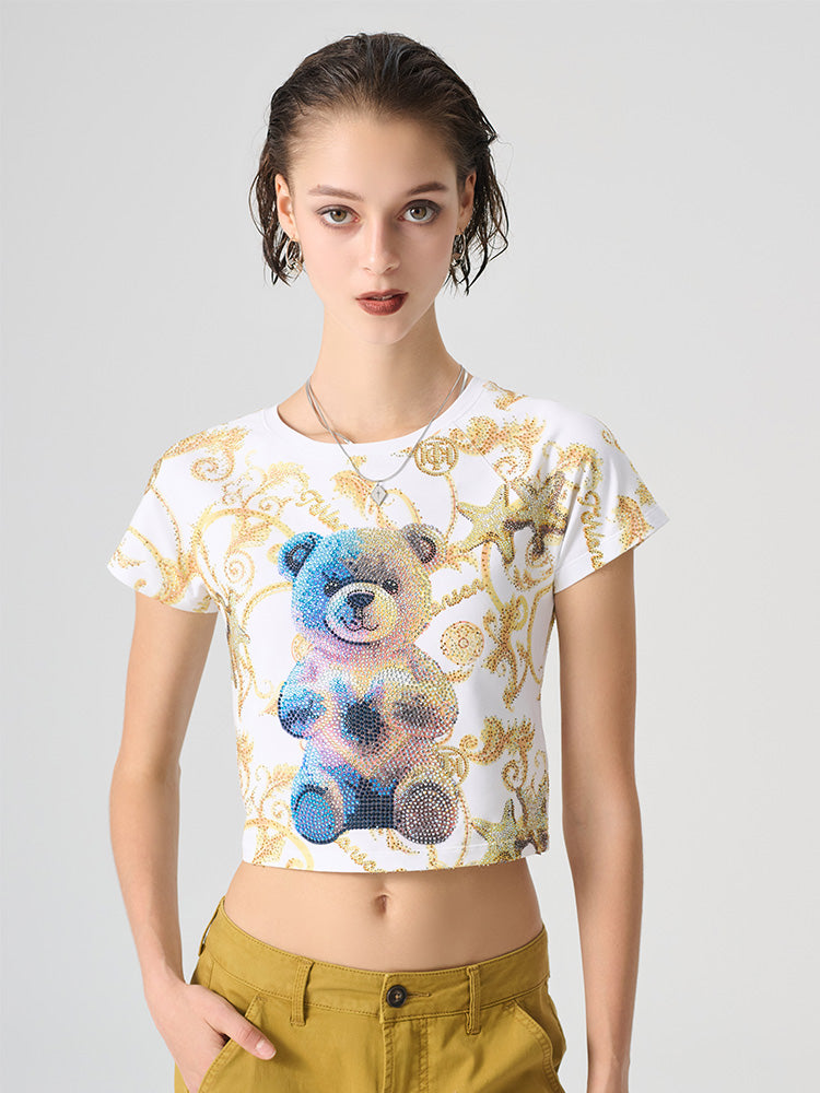 TCH Teddy Bear Rhinestones Print Tee Crop Top Baroque