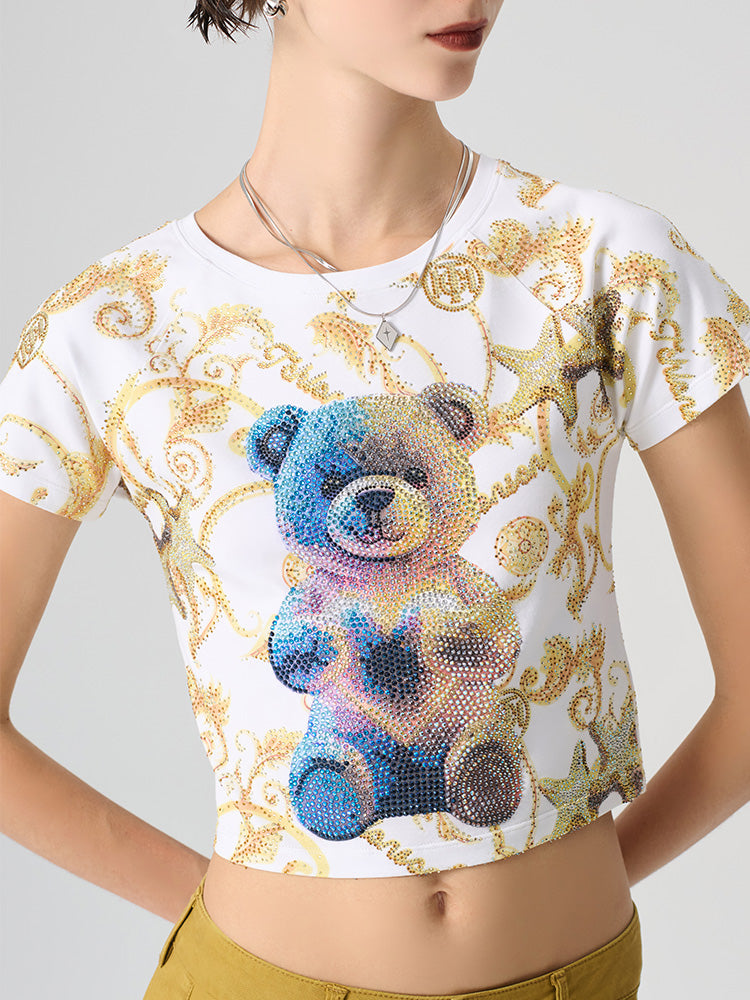 TCH Teddy Bear Rhinestones Print Tee Crop Top Baroque