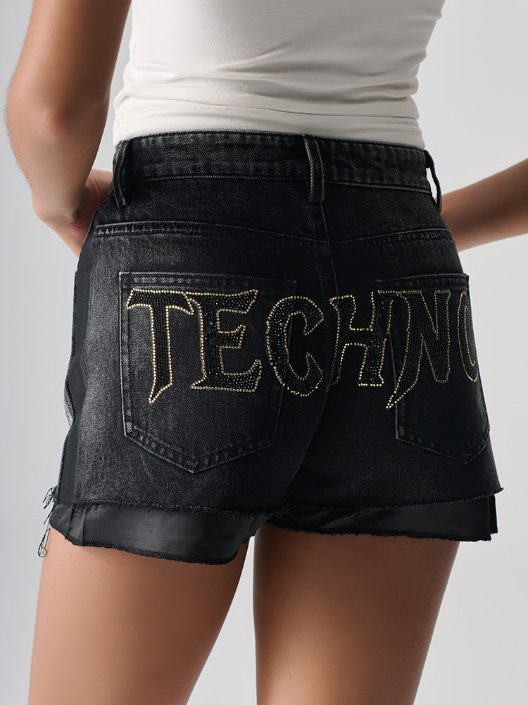 TCH Rhinestone Wings Design Denim Mini Shorts