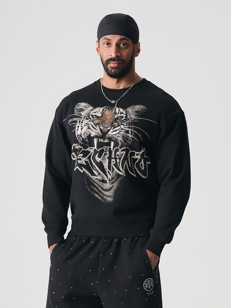 TCH Men's Tiger Printed Rhinestone Long Sleeve Sweatshirt