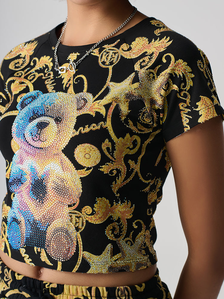 TCH Teddy Bear Rhinestones Print Tee Crop Top Baroque