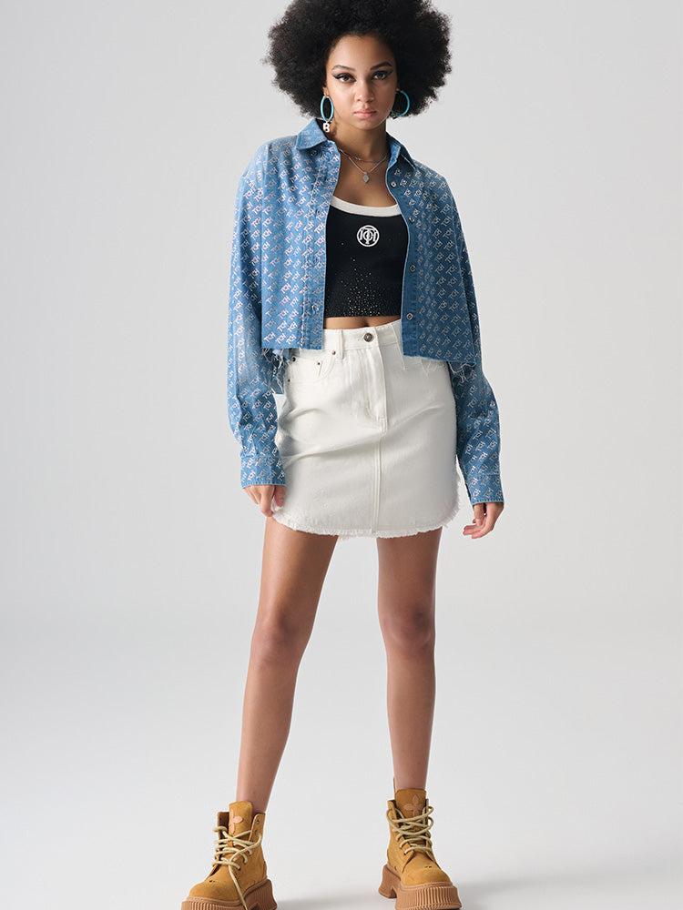TCH Rhinestone Trendy Ripped Denim Skirt
