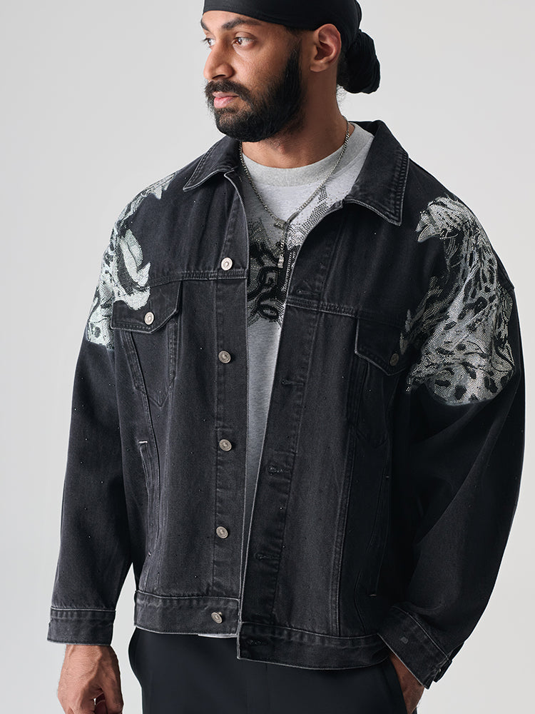 TCH Washed Rhinestone Leopard Denim Jacket