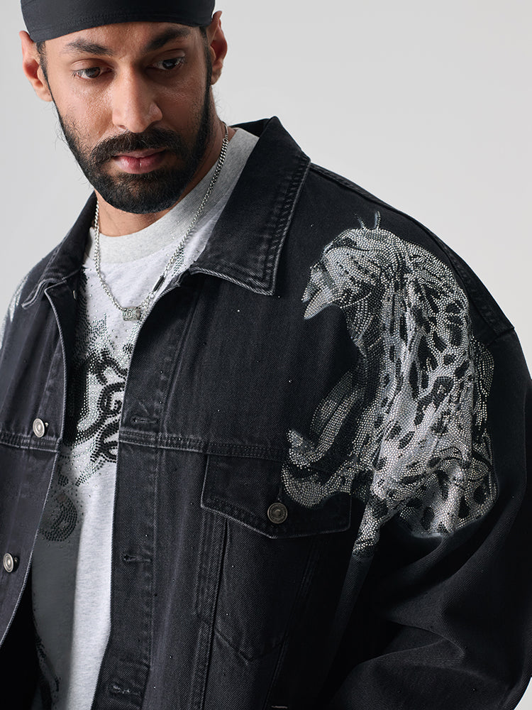 TCH Washed Rhinestone Leopard Denim Jacket