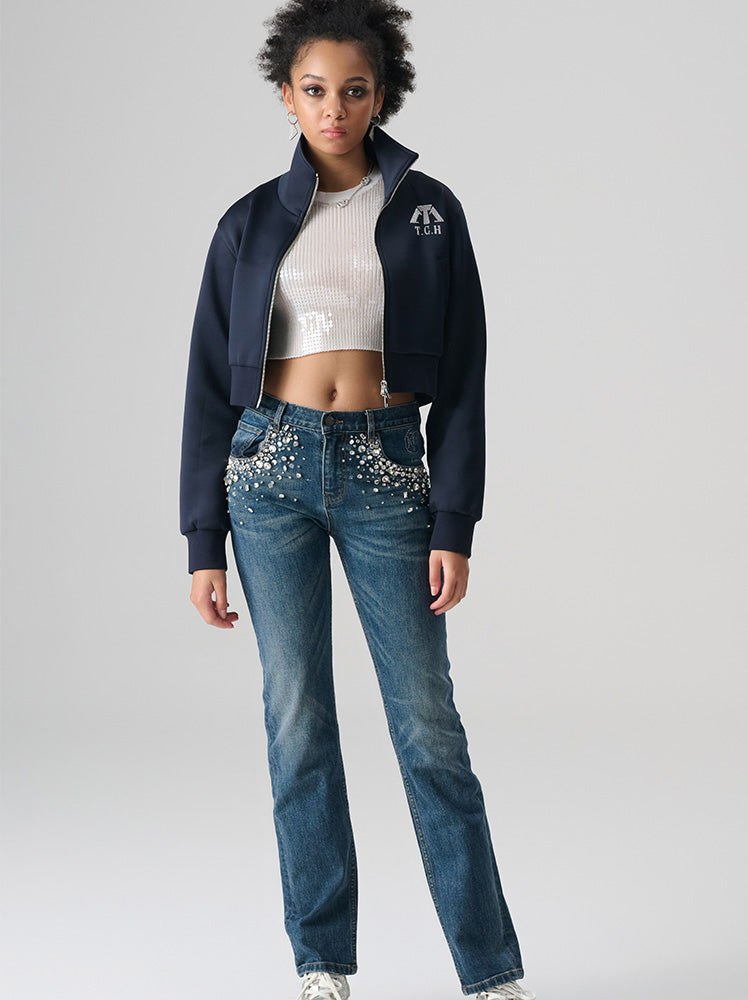 TCH Women's Mid-Rise Rhinestone Straight Denim Jean