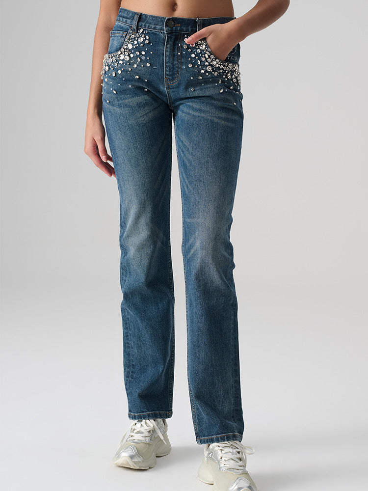 TCH Women's Mid-Rise Rhinestone Straight Denim Jean