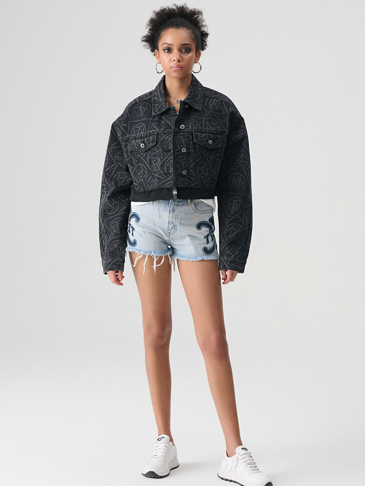 TCH Allover Logo Rhinestone Denim Cropped Jacket