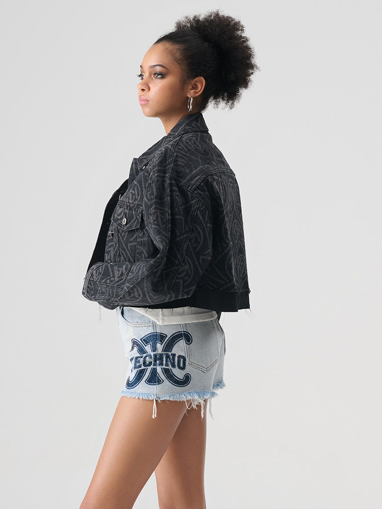 TCH Allover Logo Rhinestone Denim Cropped Jacket