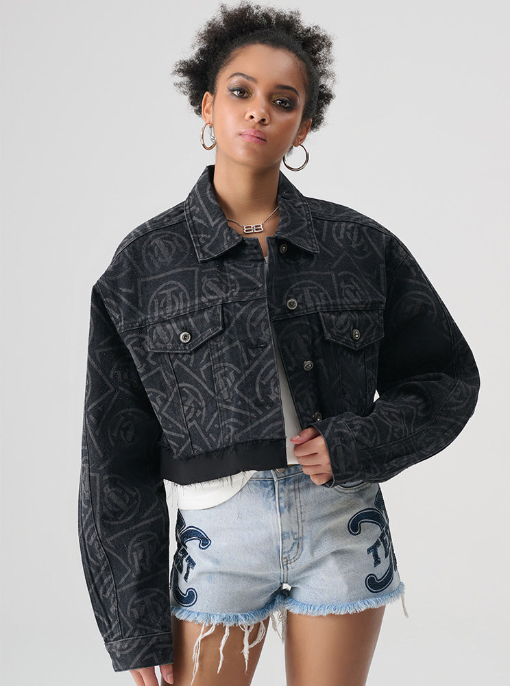 TCH Allover Logo Rhinestone Denim Cropped Jacket