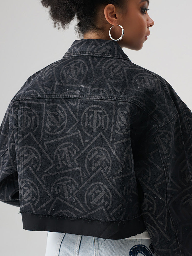 TCH Allover Logo Rhinestone Denim Cropped Jacket