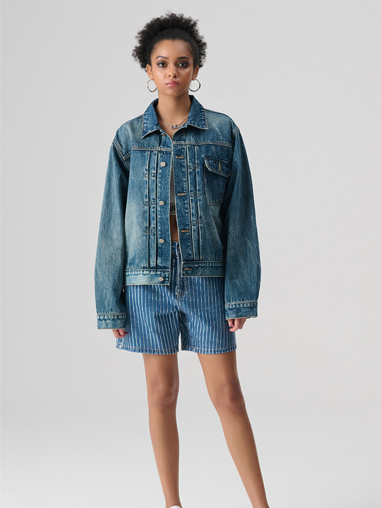 TCH Logo Print Rhinestone Stripe Short In Denim