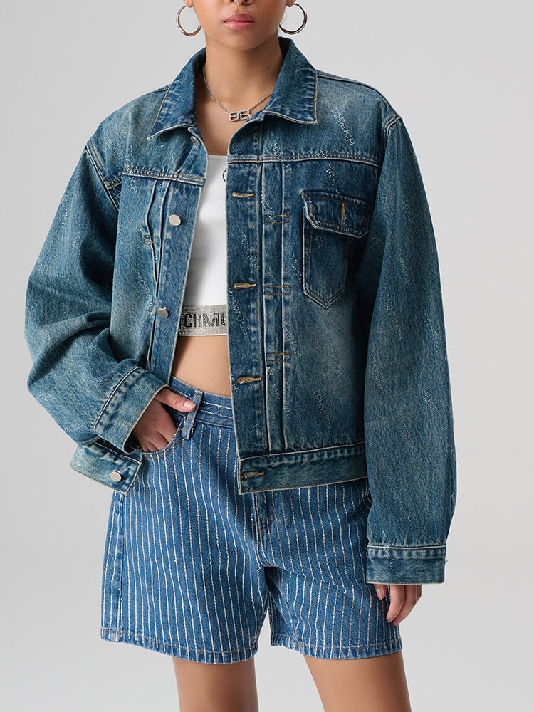 TCH Logo Print Rhinestone Stripe Short In Denim