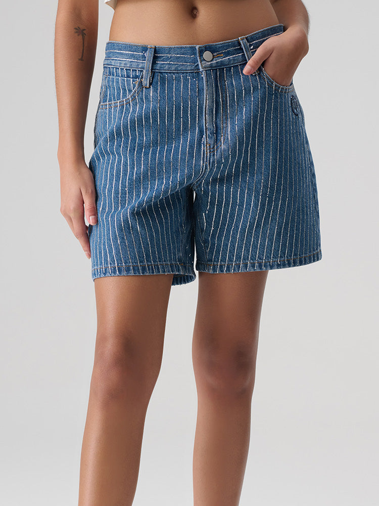 TCH Logo Print Rhinestone Stripe Short In Denim