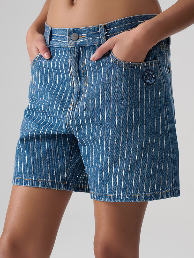 TCH Logo Print Rhinestone Stripe Short In Denim