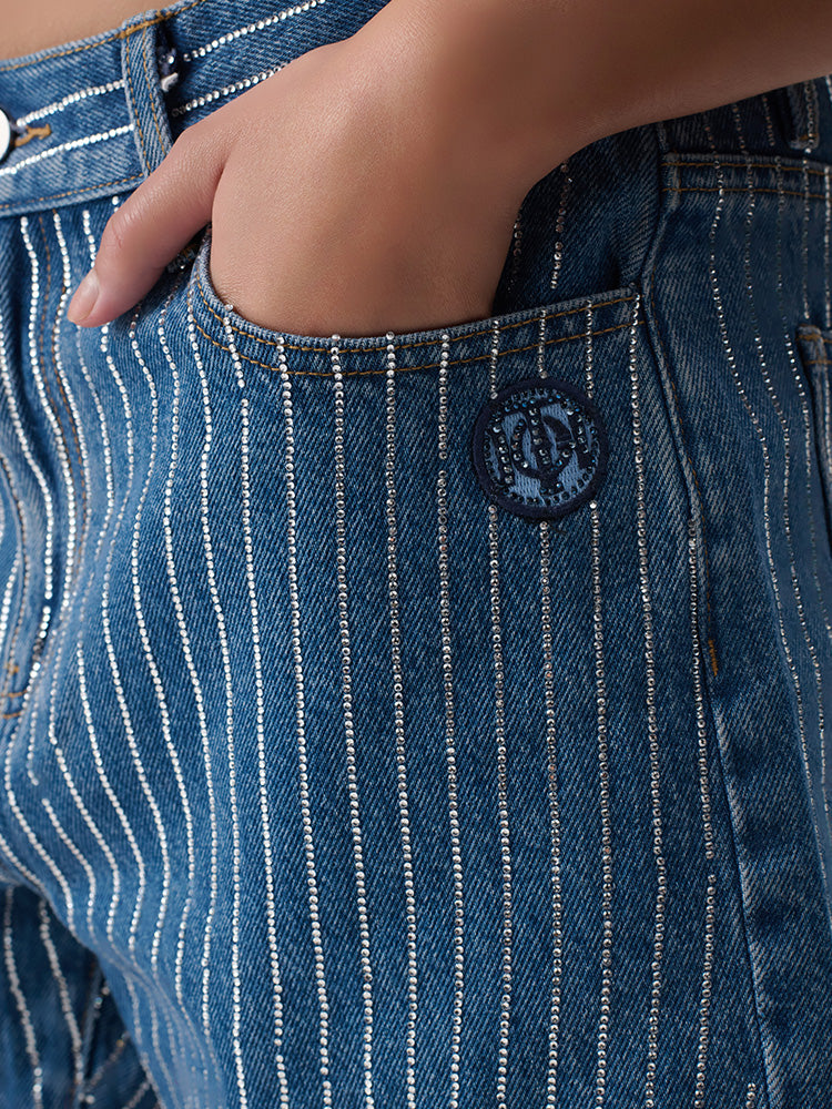 TCH Logo Print Rhinestone Stripe Short In Denim