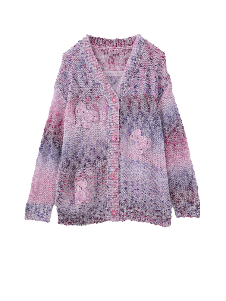 TCH Rhinestone Teddy Bear Patch Knitted Cardigan