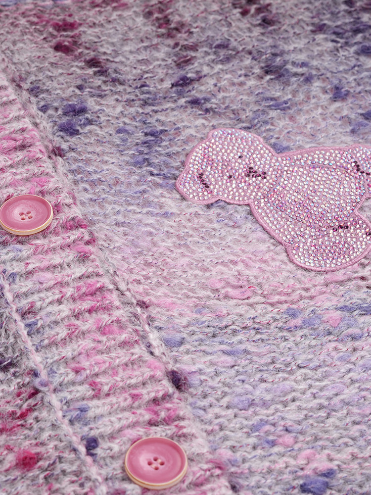 TCH Rhinestone Teddy Bear Patch Knitted Cardigan