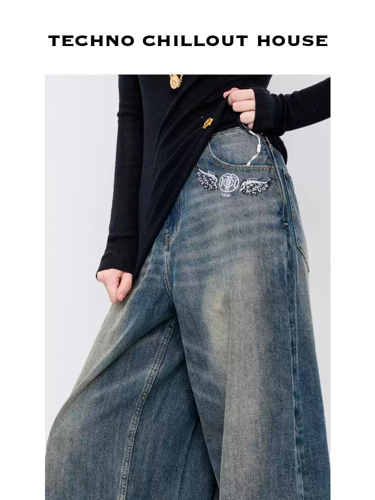 TCH High Waist Rhinestone Wide Leg Denim Jean