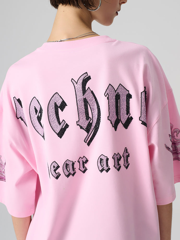 TCH Rhinestone Graphic Oversized T-shirt in Pink