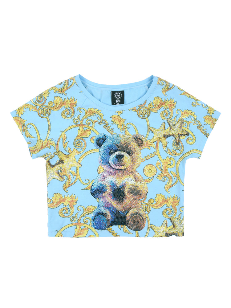 TCH Teddy Bear Rhinestones Print Tee Crop Top Baroque