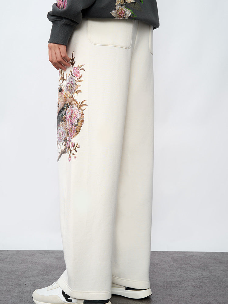 TCH Panda& Flower Print Rhinestone Wide Leg Pants
