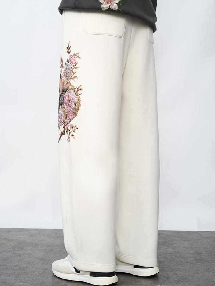 TCH Panda& Flower Print Rhinestone Wide Leg Pants
