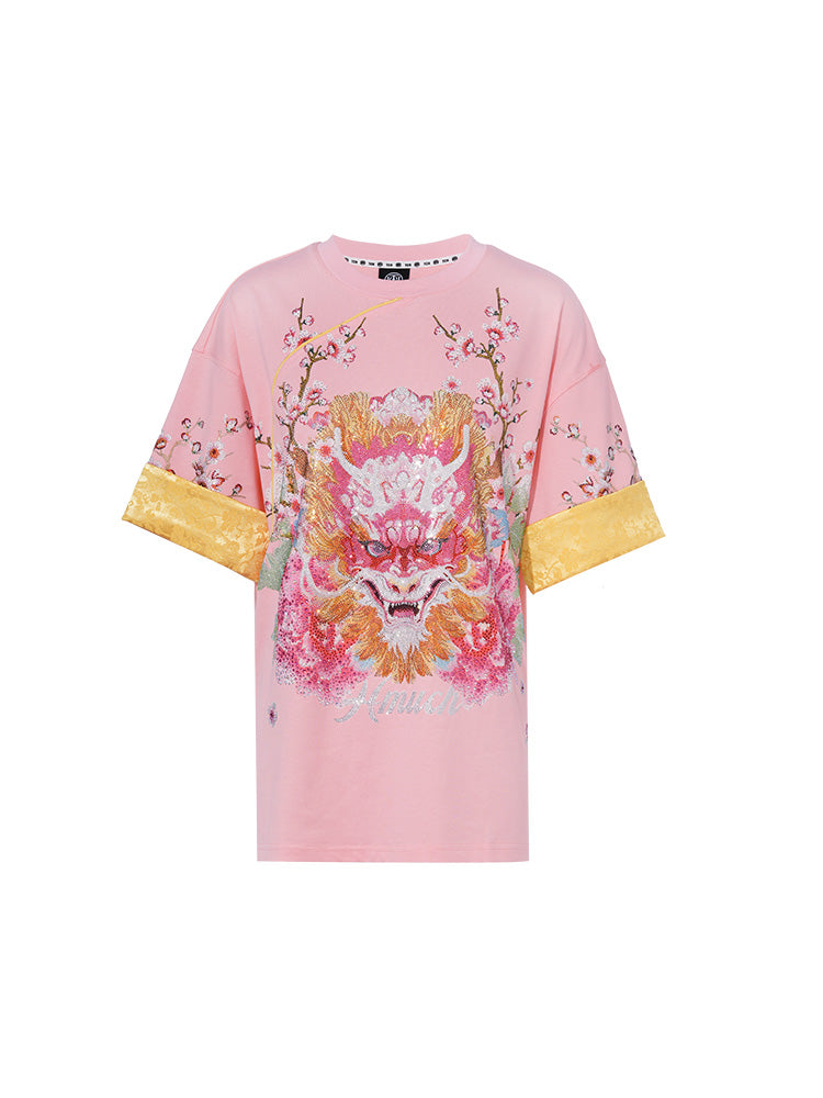 TCH Rhinestone Graphic Print Satin Luxury T-Shirt