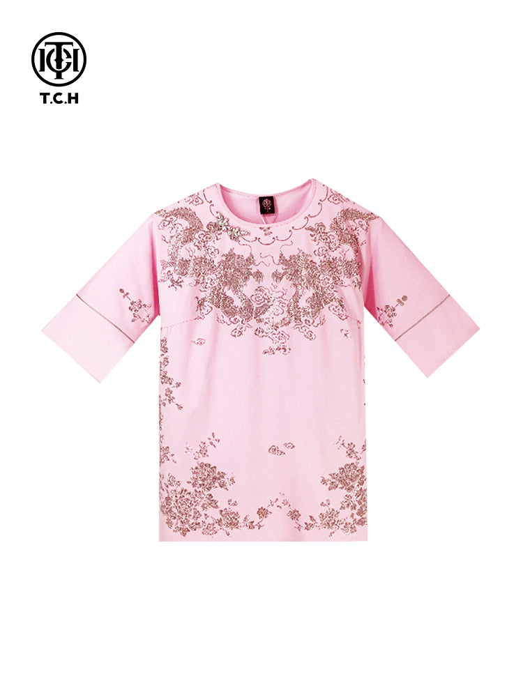 TCH Crystal Embroidery Short Sleeve T-Shirt in Pink