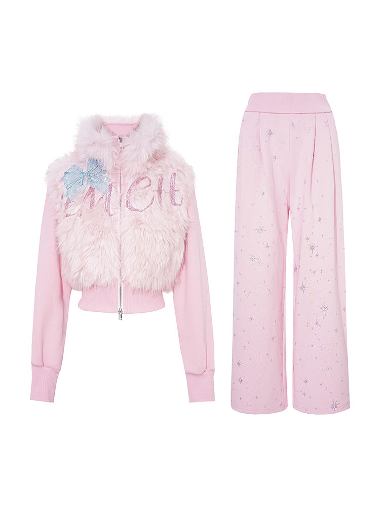 TCH Pink Rhinestone Bow Fleece-Lined Pants Sets