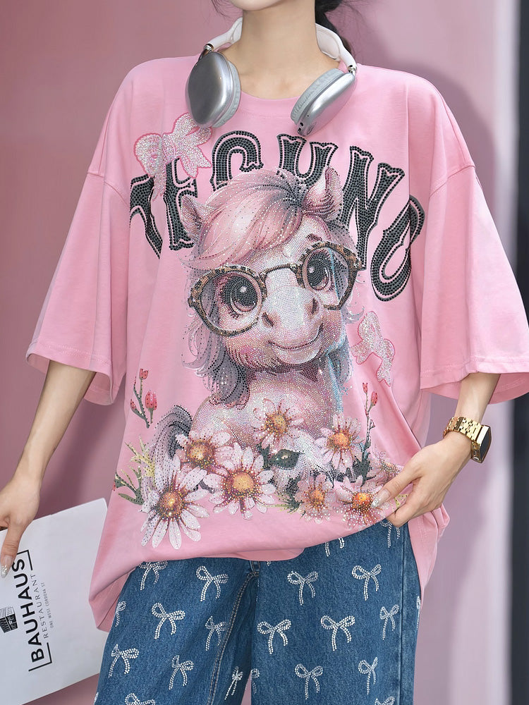 TCH Rhinestone Luxury Pony Pink Oversized Tee