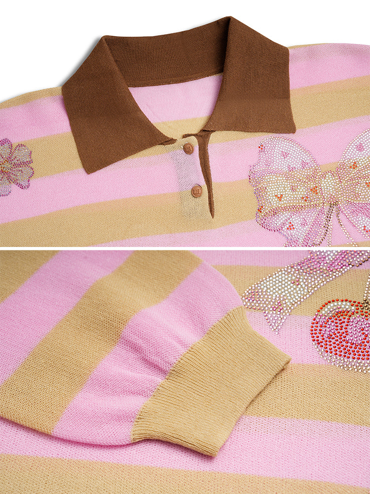 TCH Rhinestone Cherry Striped Cropped Knit Top