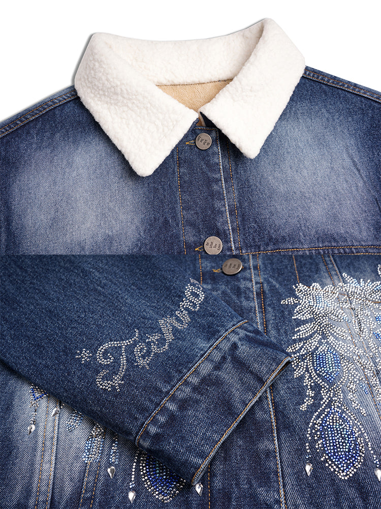 TCH Rhinestone Shearling Collar Denim Two-Piece Set
