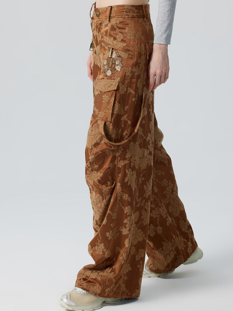 TCH Rhinestone Jacquard Straight Wide Leg Cargo Pants