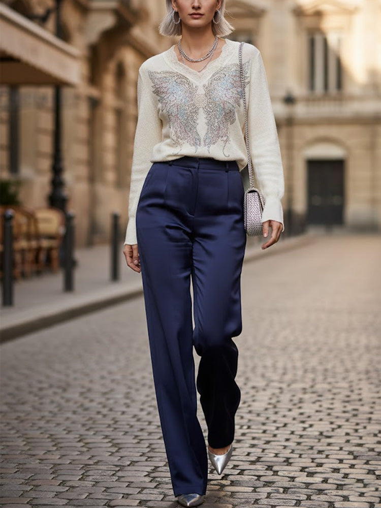 TCH Jacquard Rhinestone Lace Contrast Sweaters